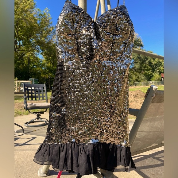 NWT French Connection metallic antique gold silver black flounce sequin 12 XL - Picture 4 of 17